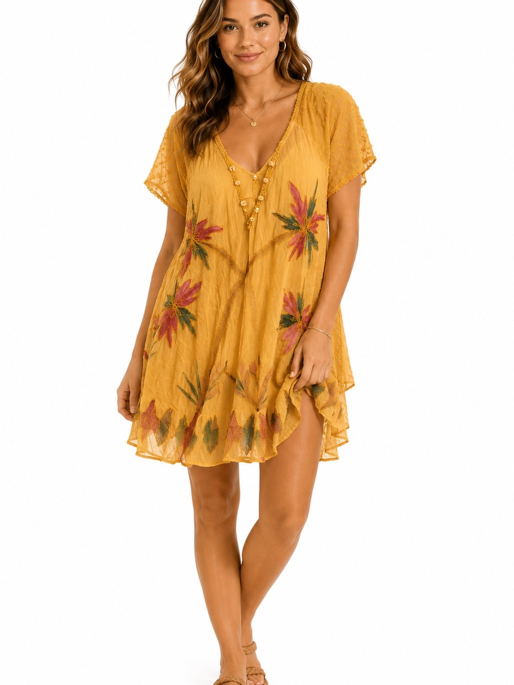 💥3/$15💥 Yellow Floral Embroidered Swim Cover-Up Tunic | Beach Resort